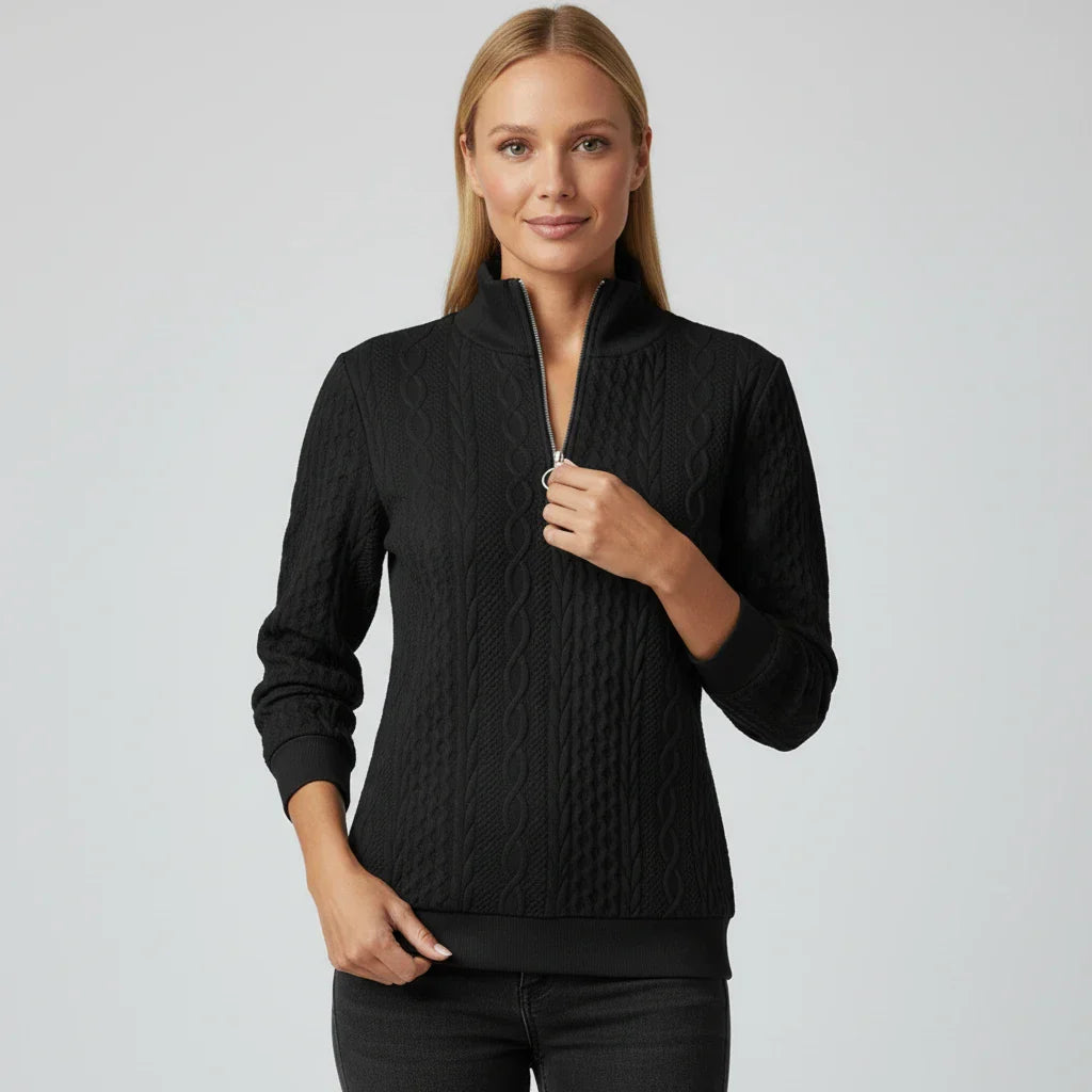 Women's quarter zip sweater textured knit cozy layering everyday warmth versatile contemporary silhouette