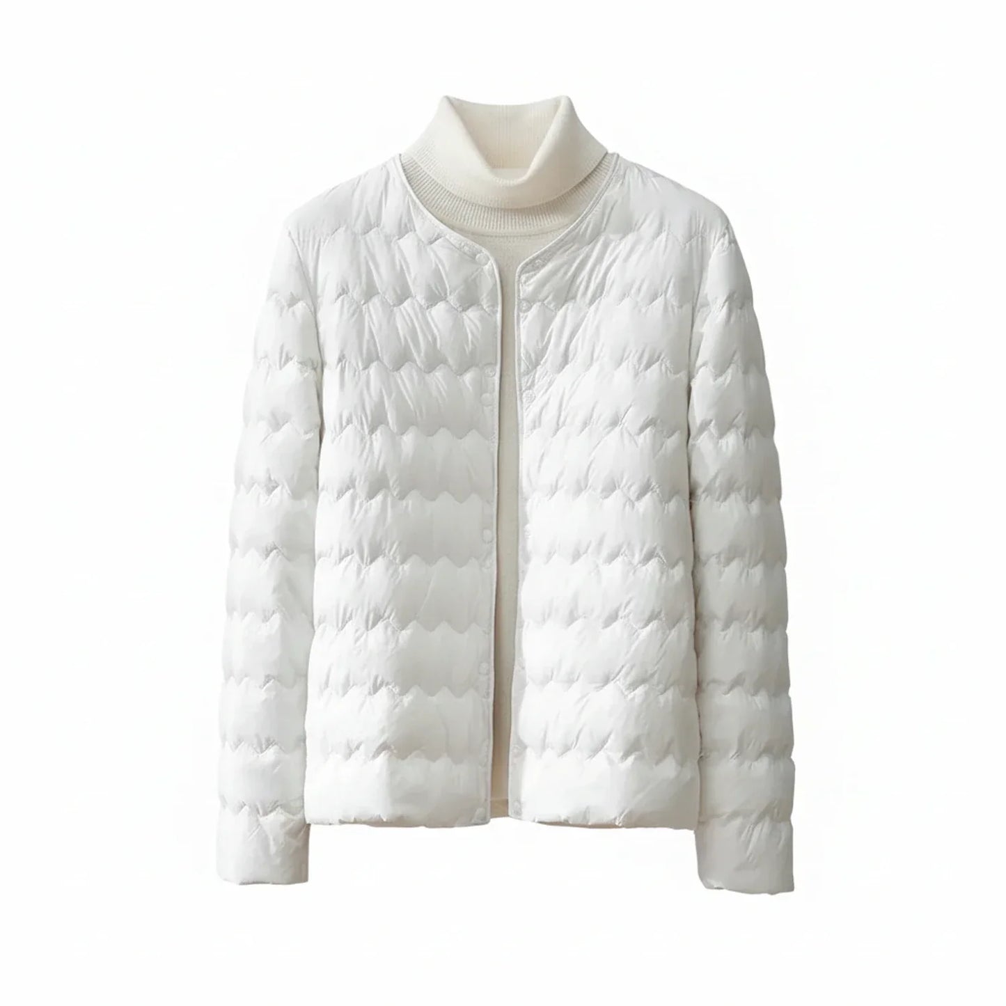 Women's lightweight quilted collarless puffer jacket with button front, sleek contemporary silhouette