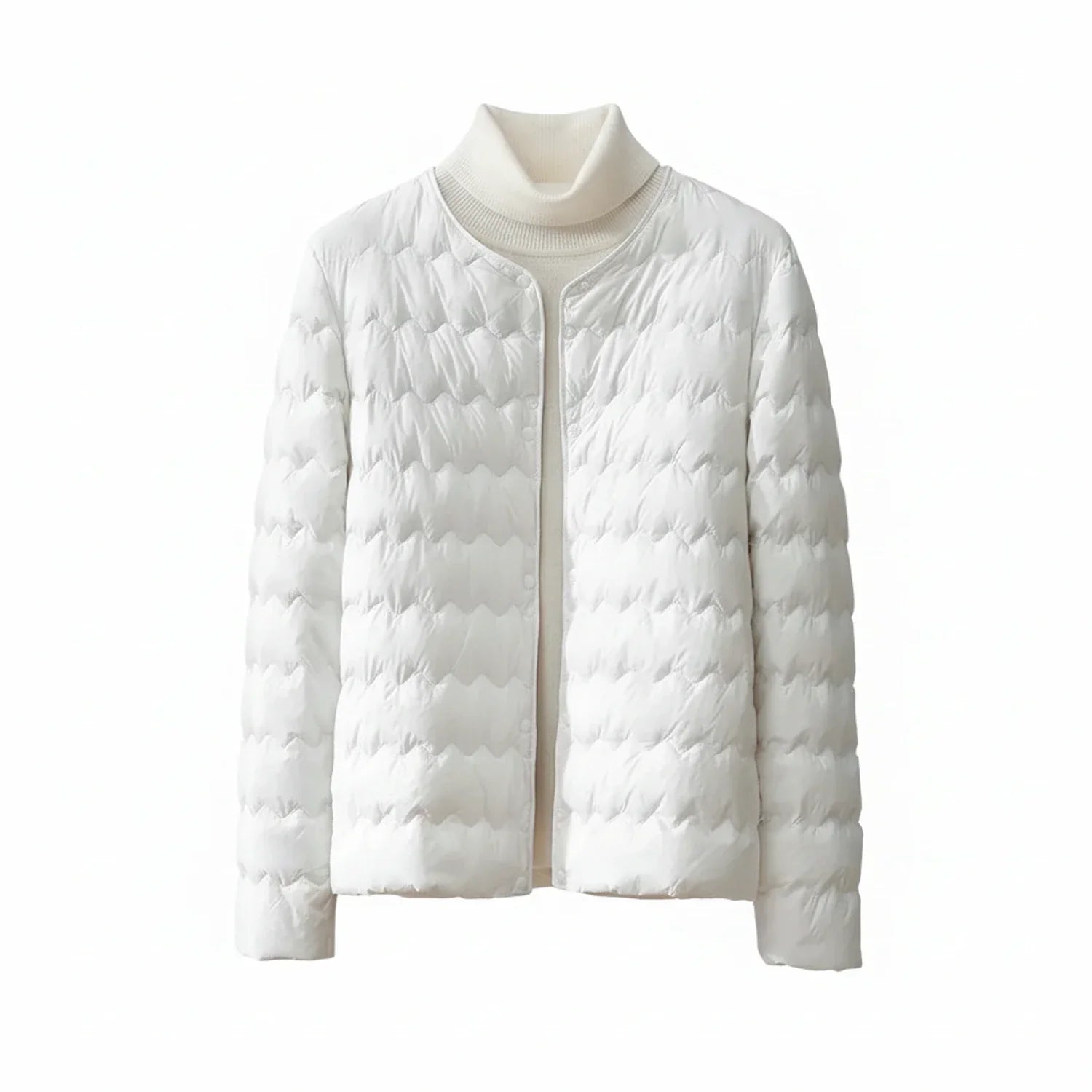 Women's lightweight quilted collarless puffer jacket with button front, sleek contemporary silhouette