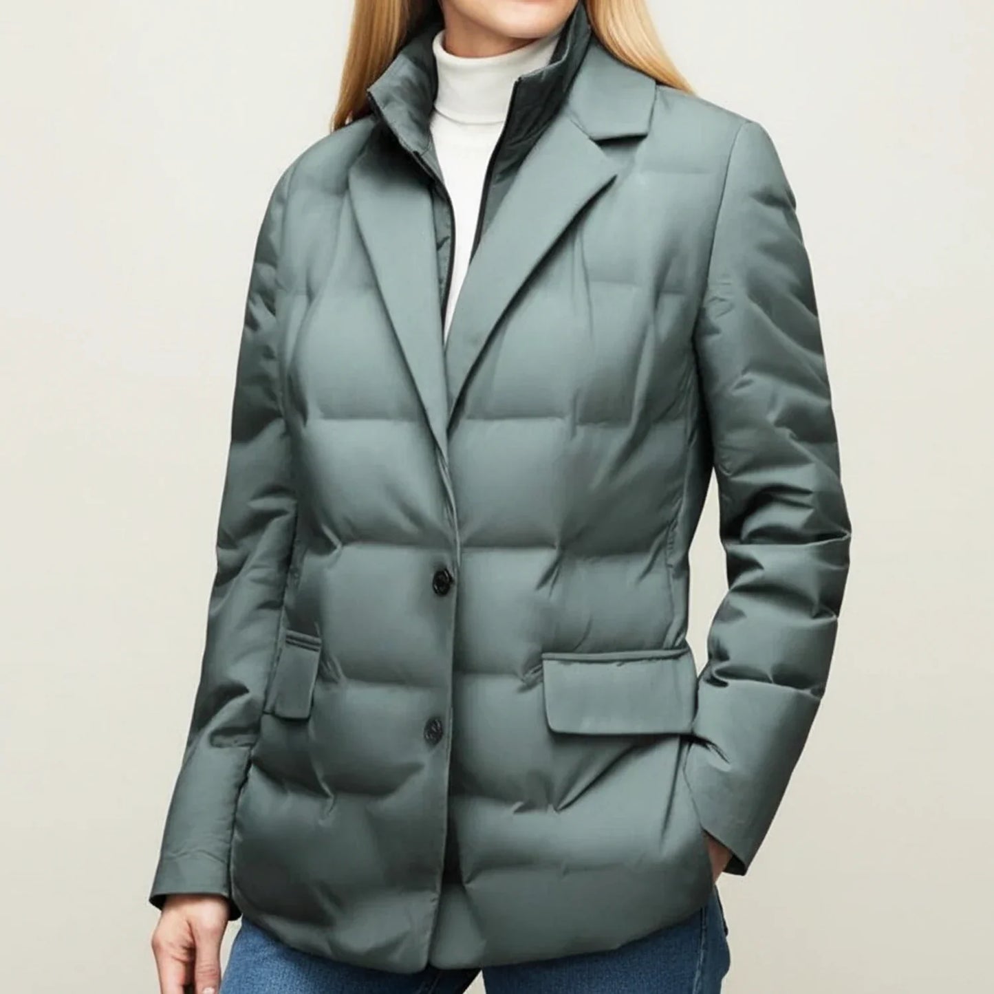 Women's black quilted puffer blazer jacket with notch lapel and two-button closure