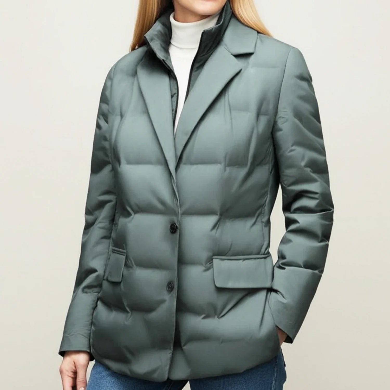 Women's black quilted puffer blazer jacket with notch lapel and two-button closure