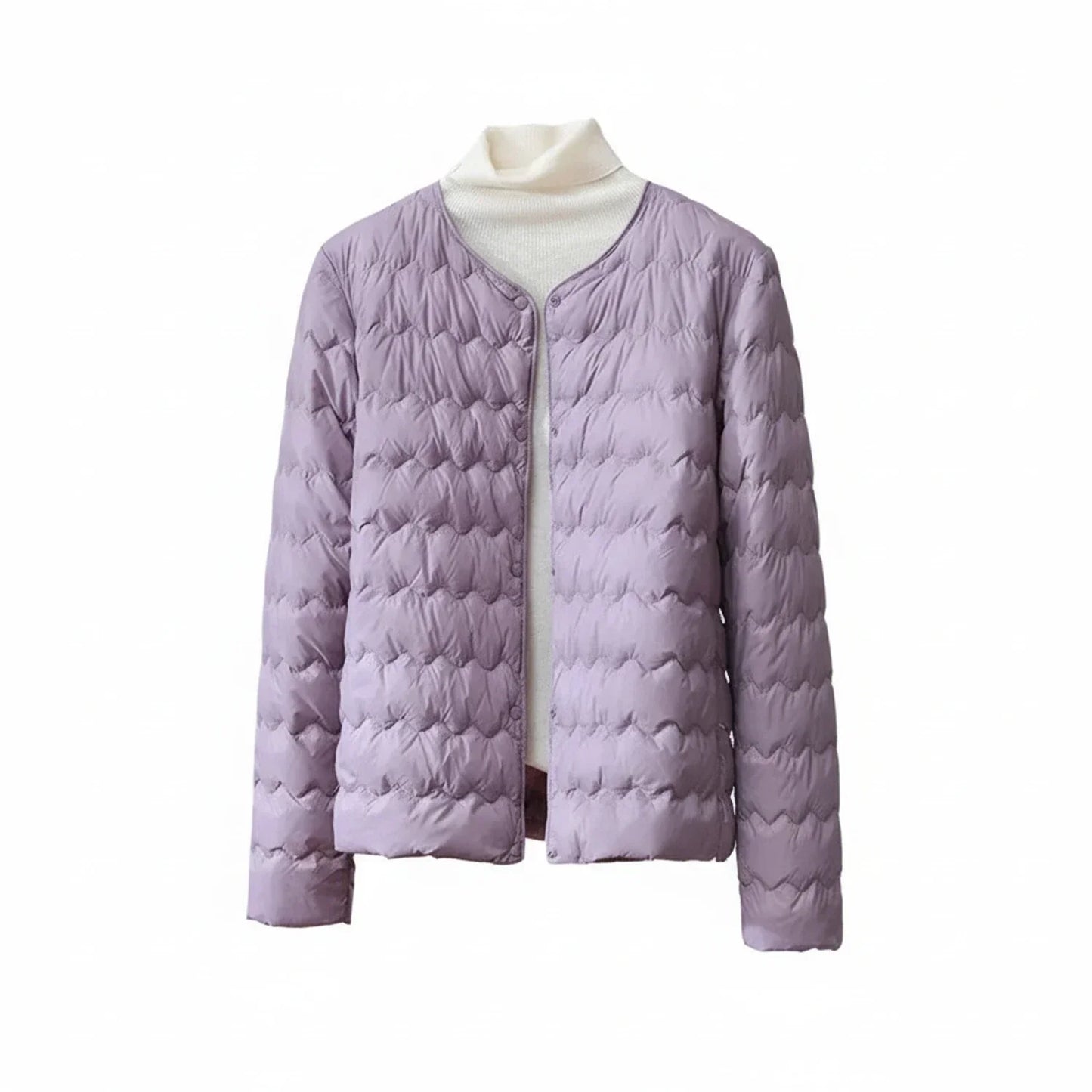 Women's lightweight quilted collarless puffer jacket with button front, sleek contemporary silhouette