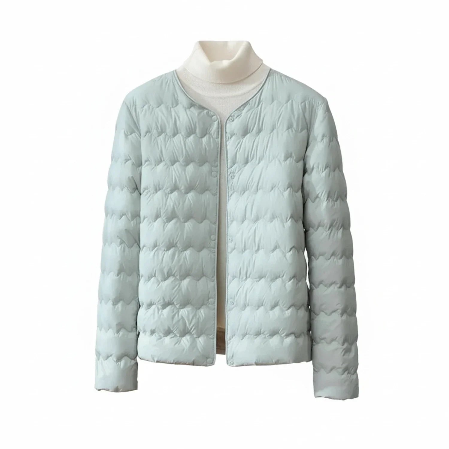 Women's lightweight quilted collarless puffer jacket with button front, sleek contemporary silhouette
