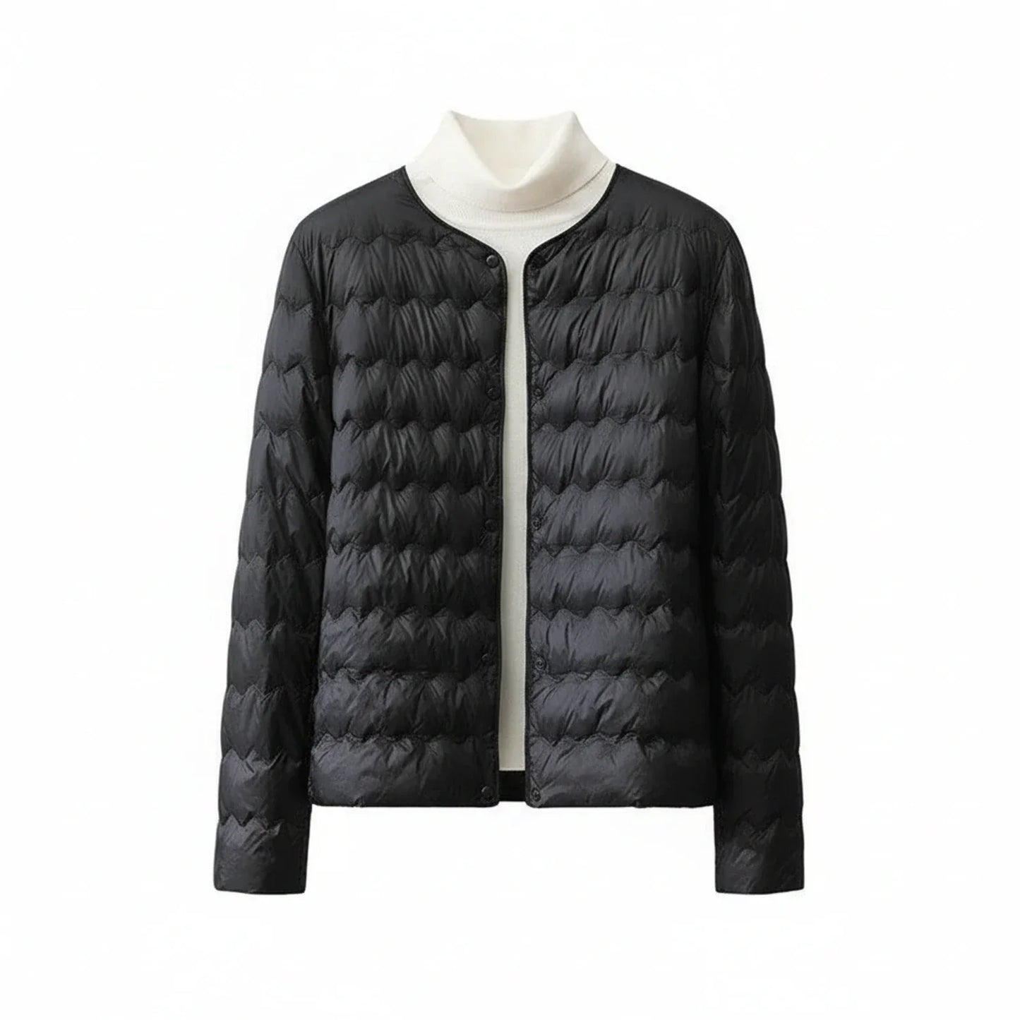 Women's lightweight quilted collarless puffer jacket with button front, sleek contemporary silhouette