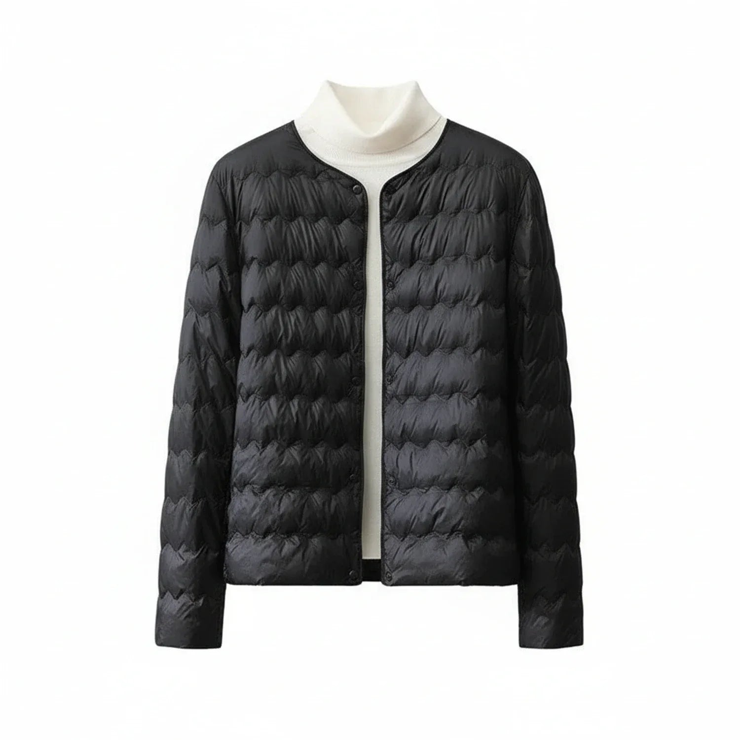 Women's lightweight quilted collarless puffer jacket with button front, sleek contemporary silhouette