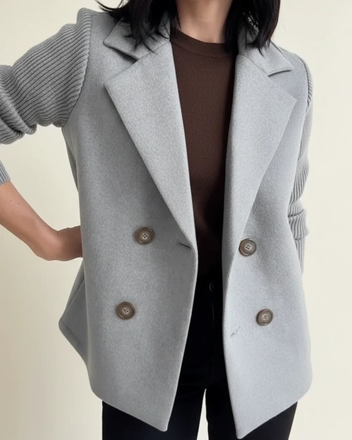 Women's double breasted blazer relaxed fit contrast knit sleeves office ready two-tone style