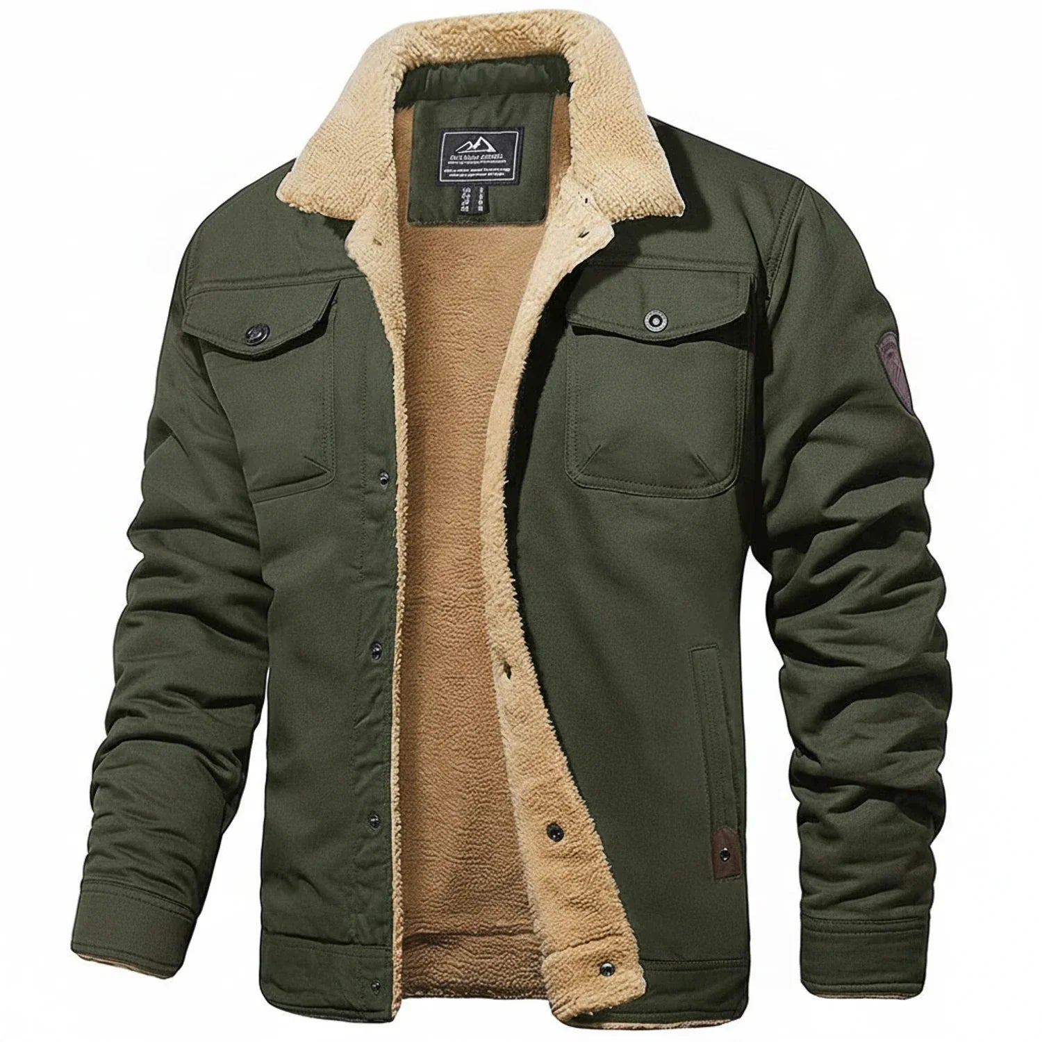 Men's black winter jacket sherpa collar fleece lining utility chest pockets slim fit