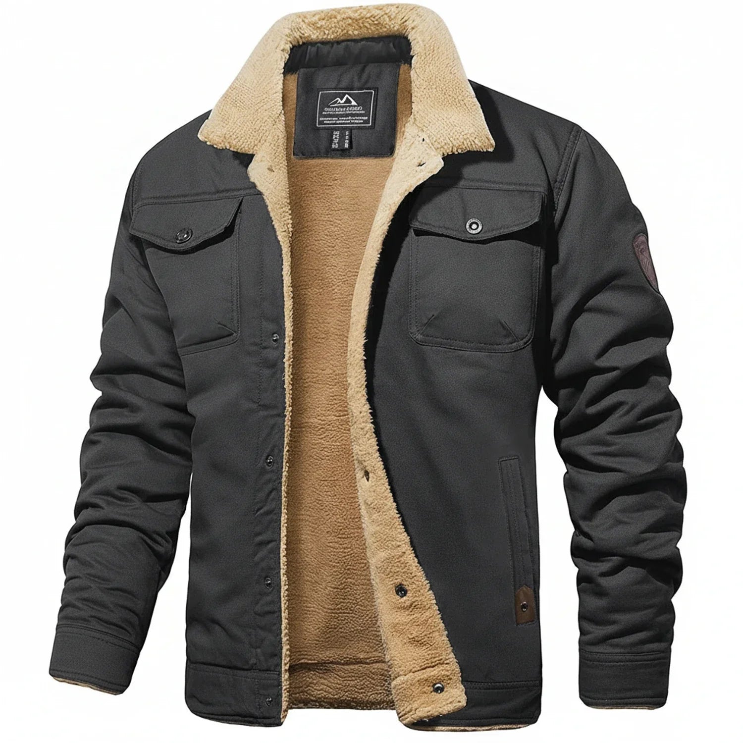 Men's black winter jacket sherpa collar fleece lining utility chest pockets slim fit