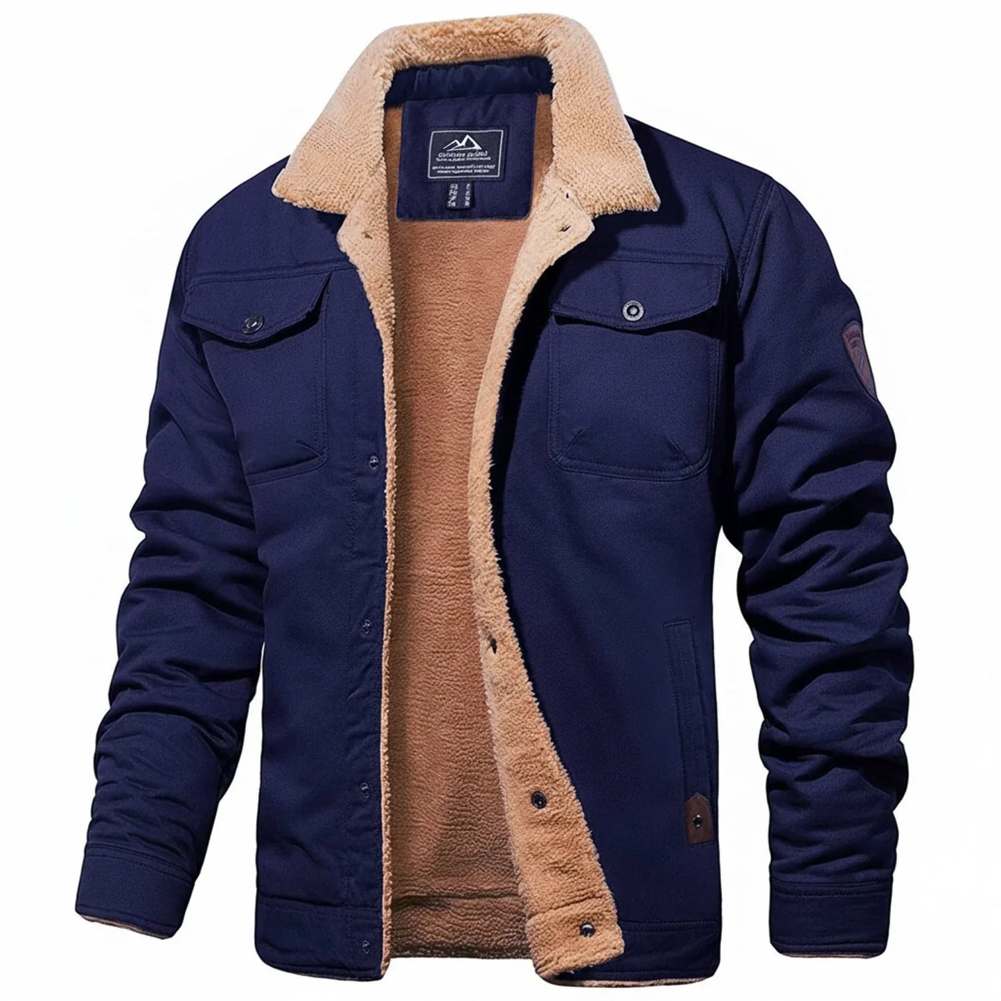 Men's black winter jacket with sherpa collar, fleece lining, and utility chest pockets