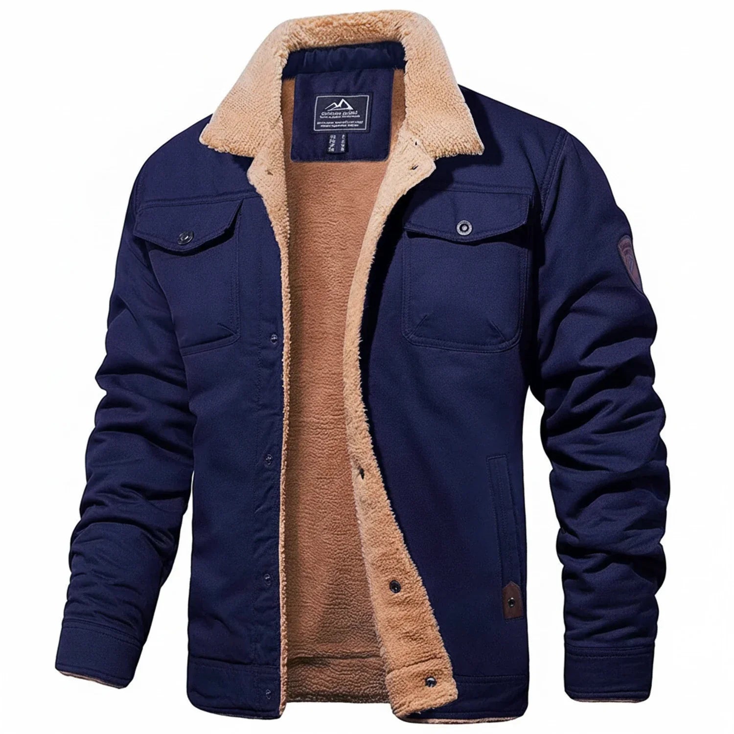 Men's black winter jacket with sherpa collar, fleece lining, and utility chest pockets