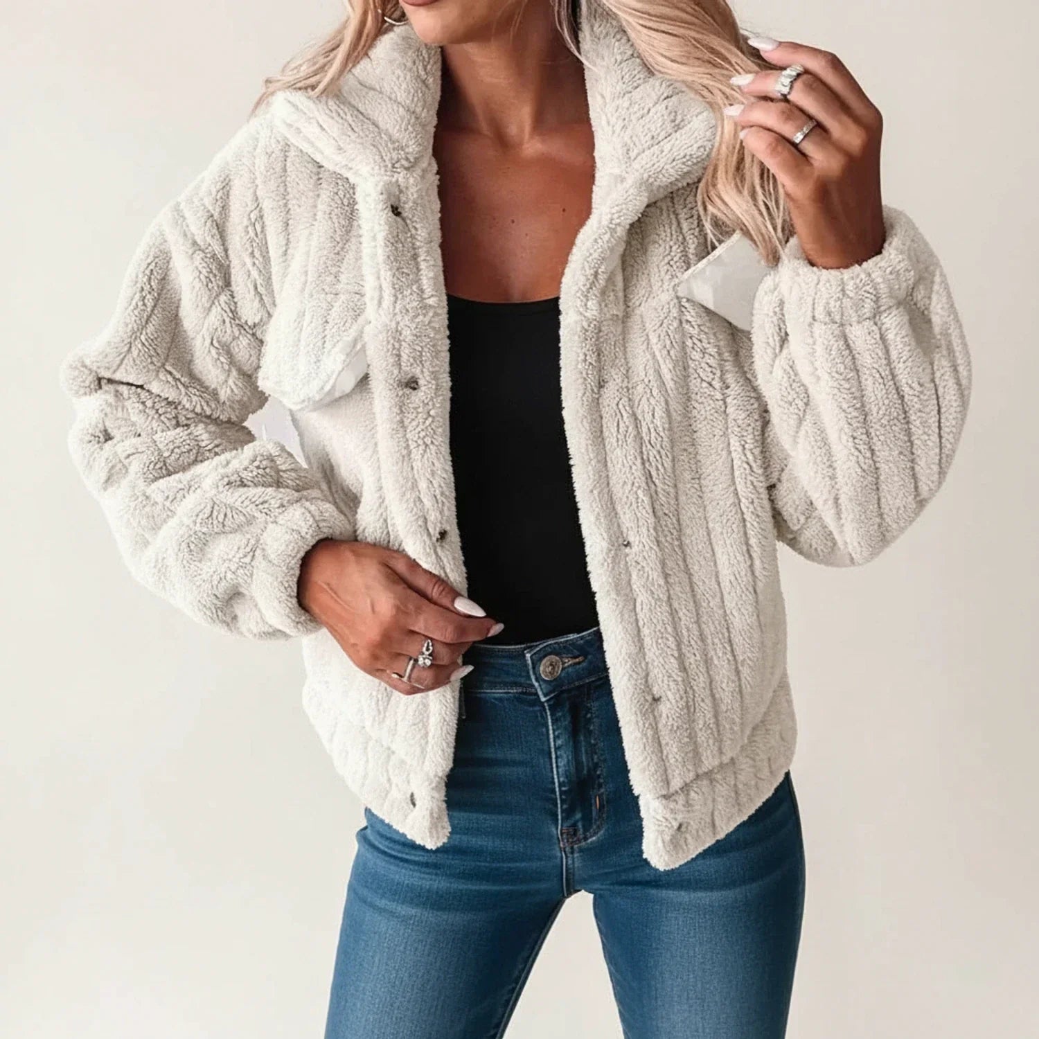 Women's plush teddy fleece jacket relaxed fit button-down front cozy casual layer