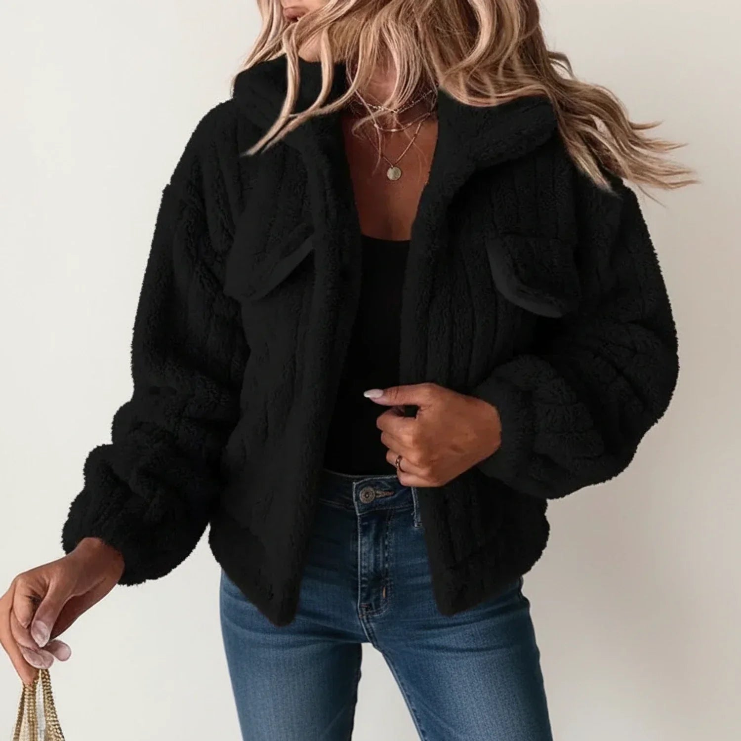 Women's plush teddy fleece jacket relaxed fit button-down front cozy casual everyday layer