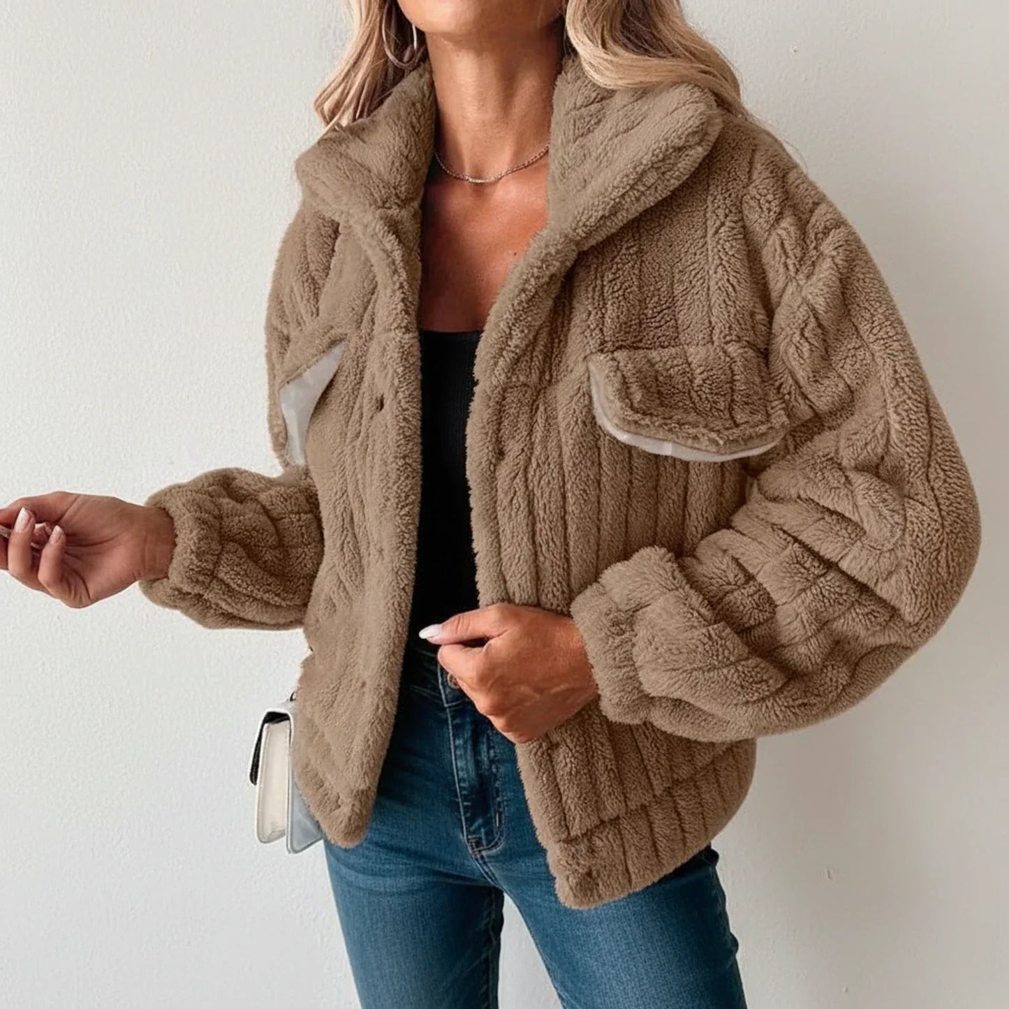 Women's plush teddy fleece jacket relaxed fit button-down front cozy casual layer