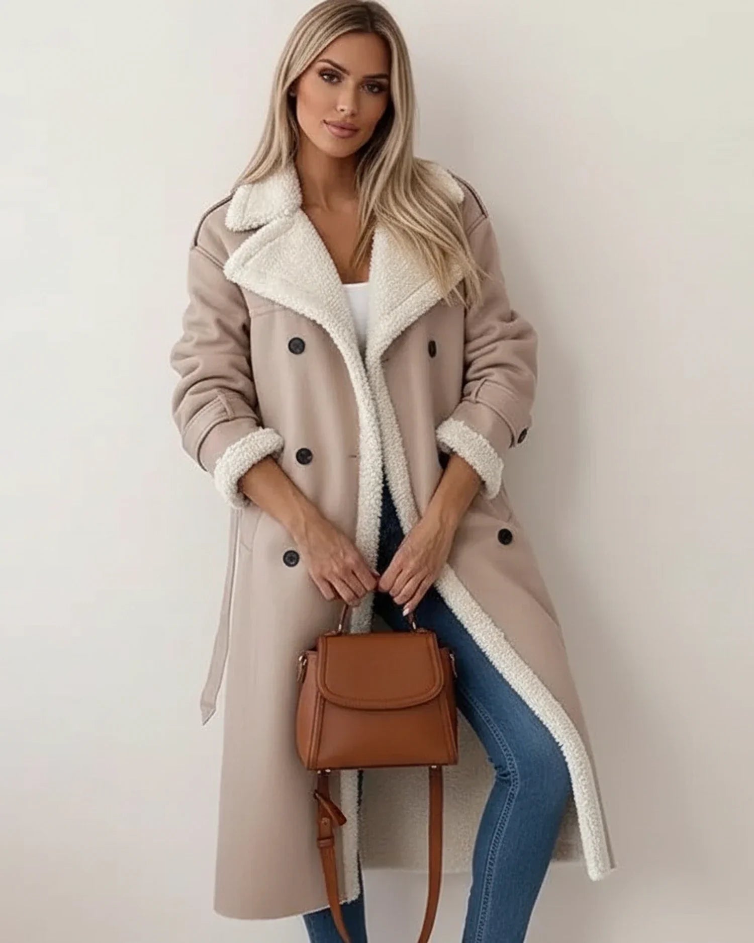 Women's long sherpa winter coat beige double-breasted belted design with cozy fur trim collar