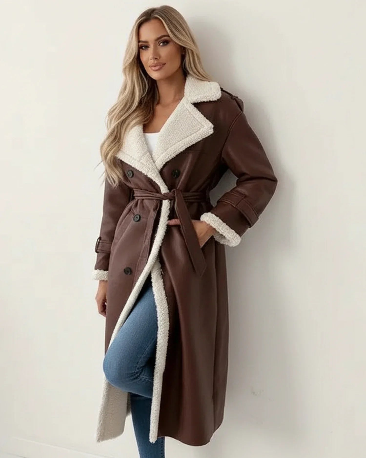 Women's long sherpa winter coat with cozy trim, belted double-breasted design in neutral tone