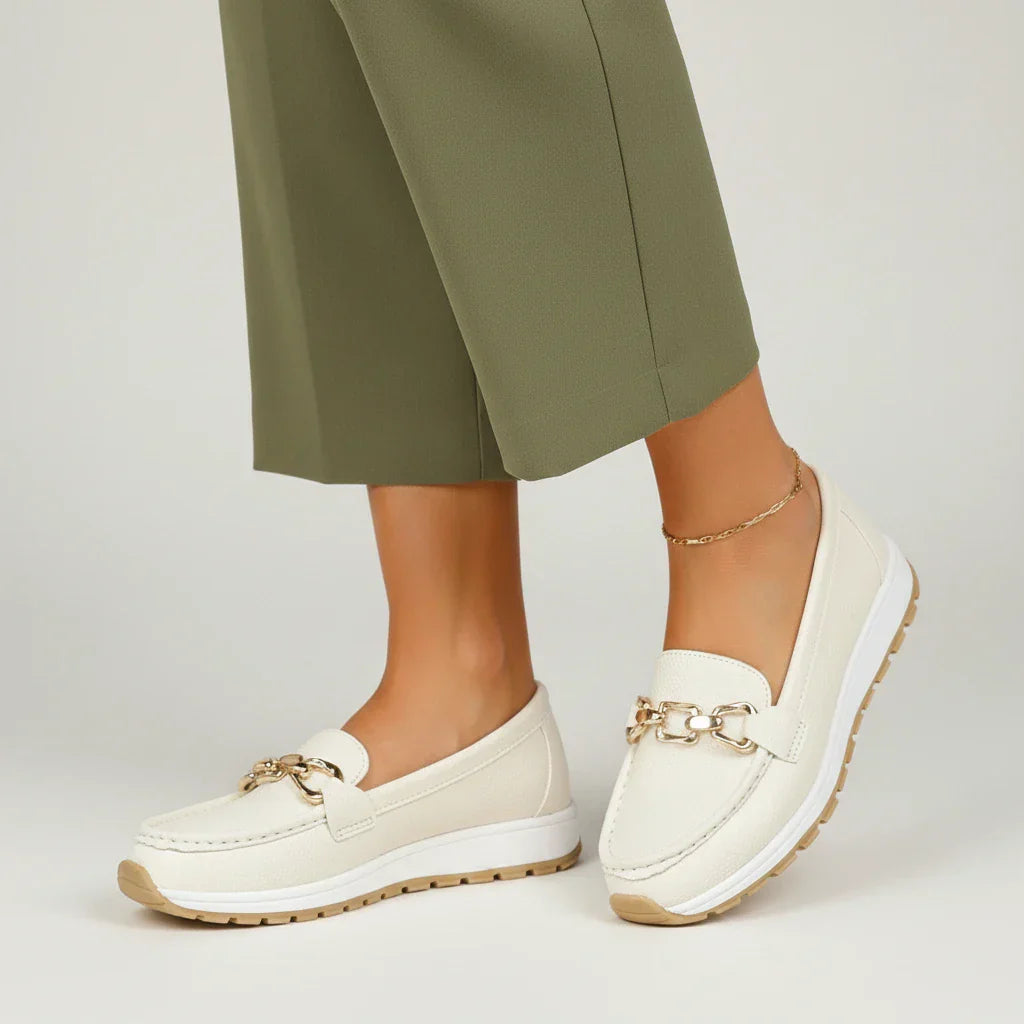 Women's slip-on loafers in casual-chic style with gold buckle detail for all-day comfort