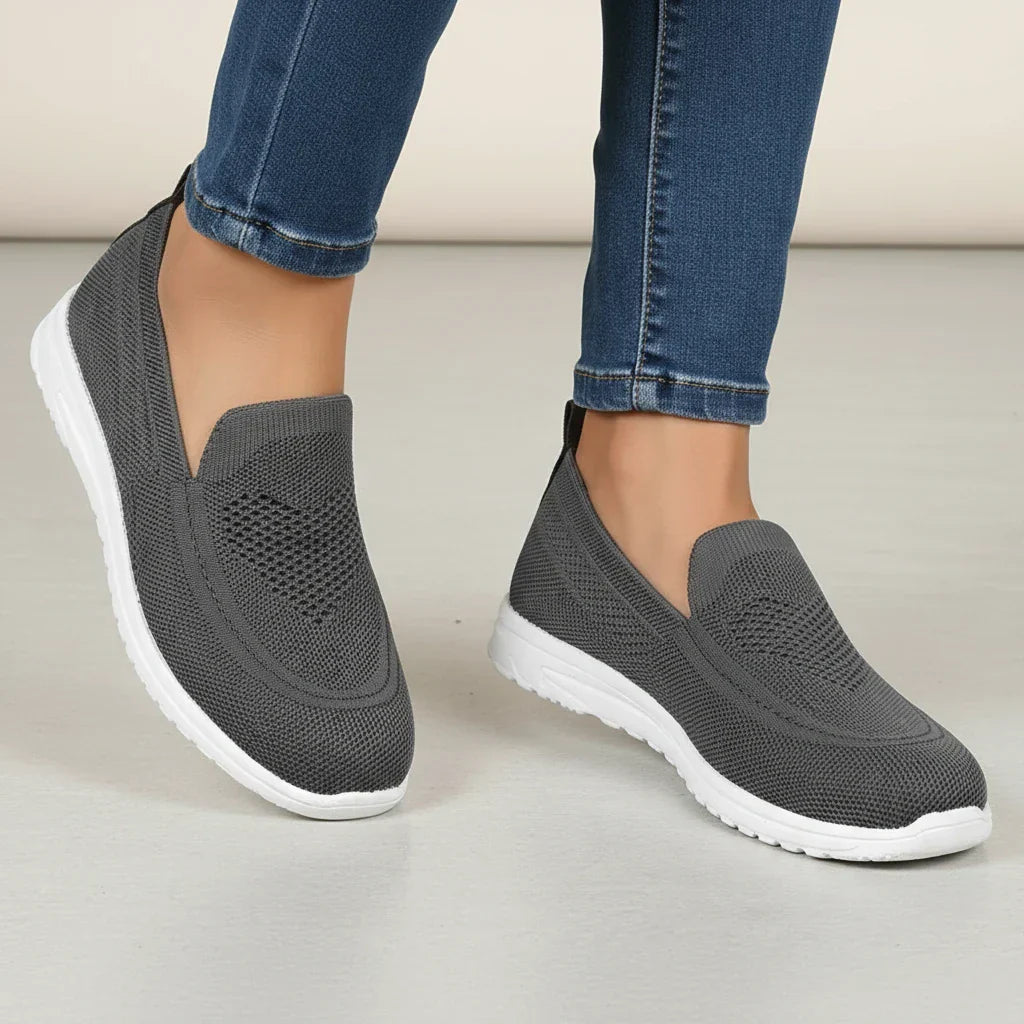Women's slip-on knit sneakers with cushioned white sole for all-day orthopedic comfort and support