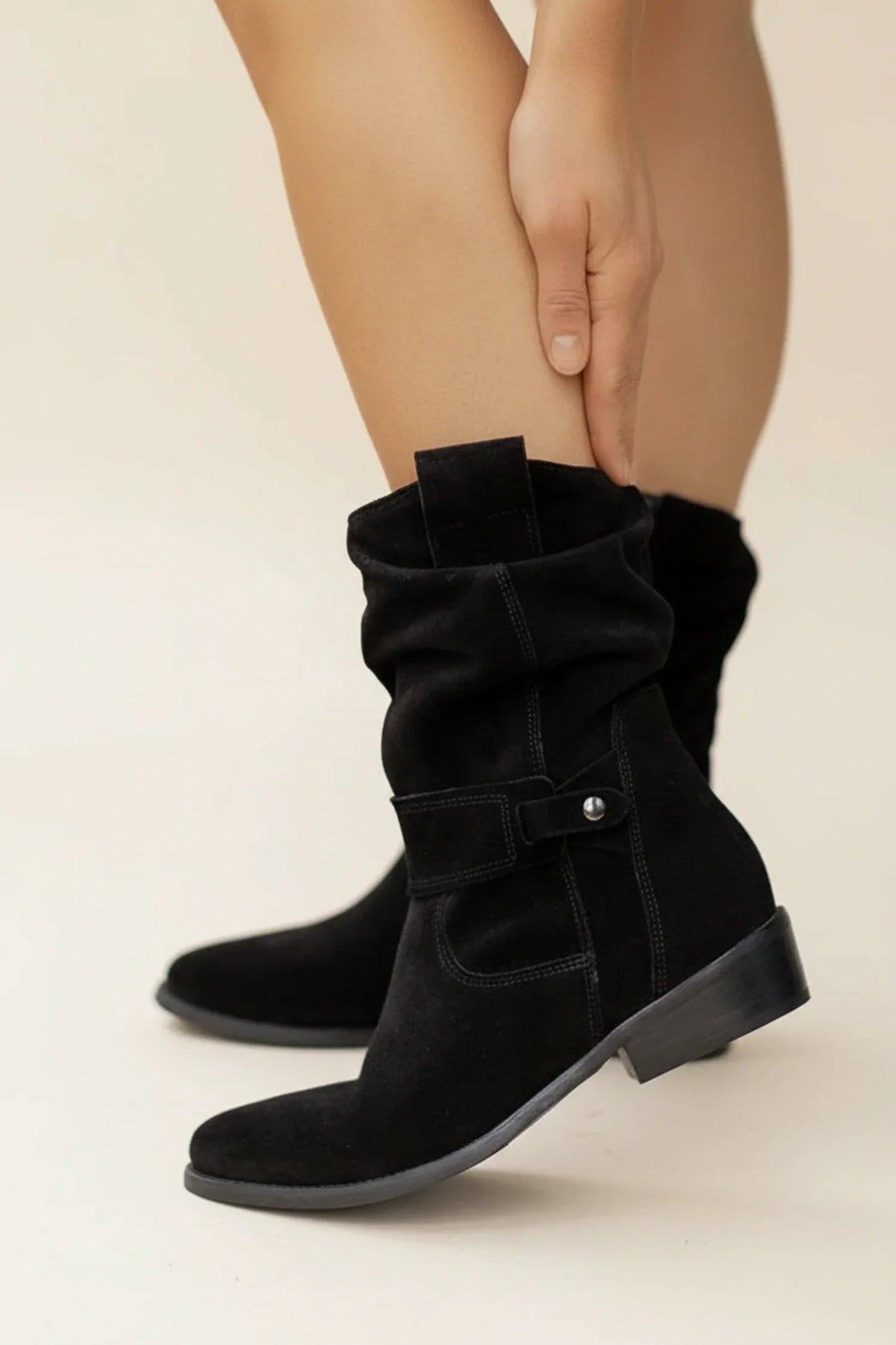 Women's brown slouch ankle boots with buckle detail, pull-on casual everyday comfort style