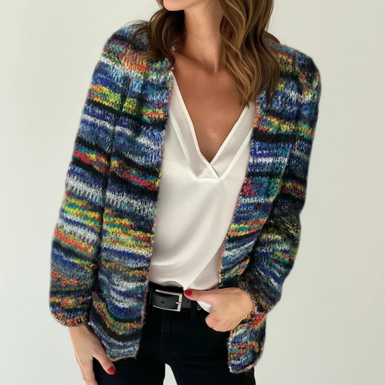 Women's striped knit cardigan open front lightweight casual layering piece with colorful stripe pattern