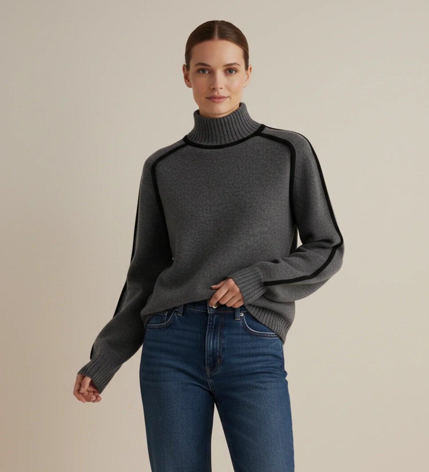 Women's color block turtleneck sweater contrast trim relaxed fit casual everyday style
