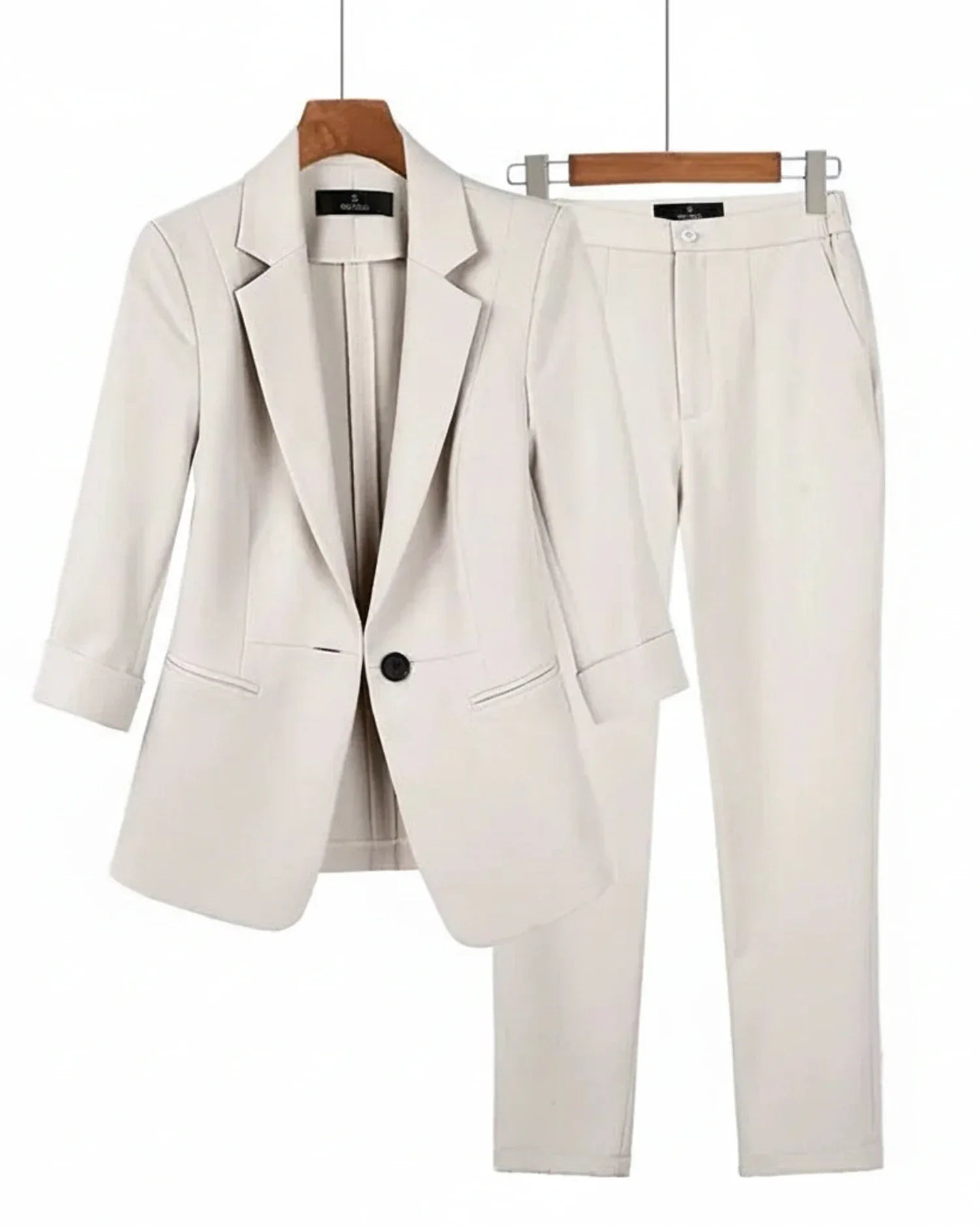 Women's tailored two-piece blazer and straight-leg pants suit set polished office-ready professional ensemble