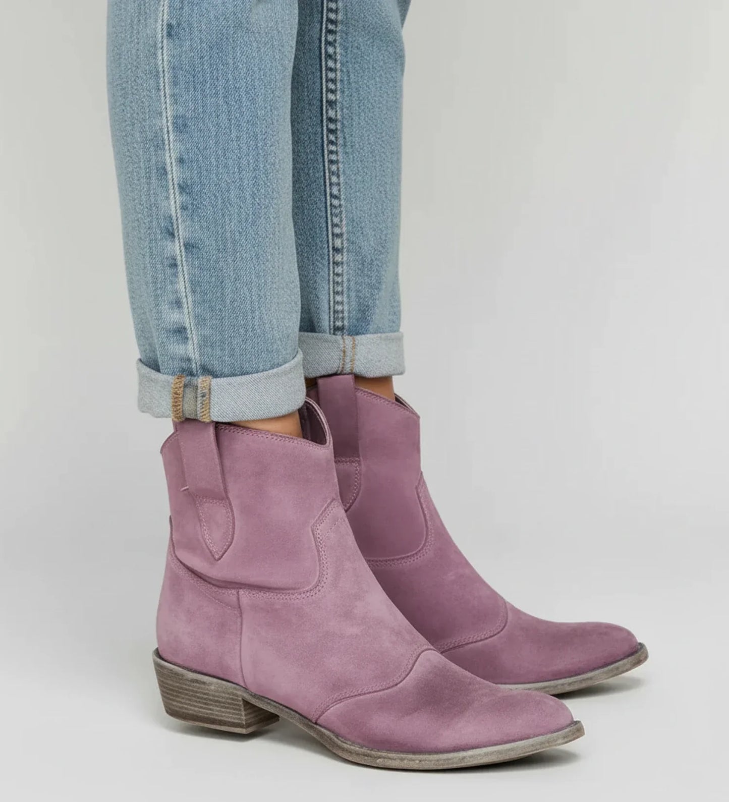 Women's western ankle boots low block heel slouch design pull-on style in neutral tan leather