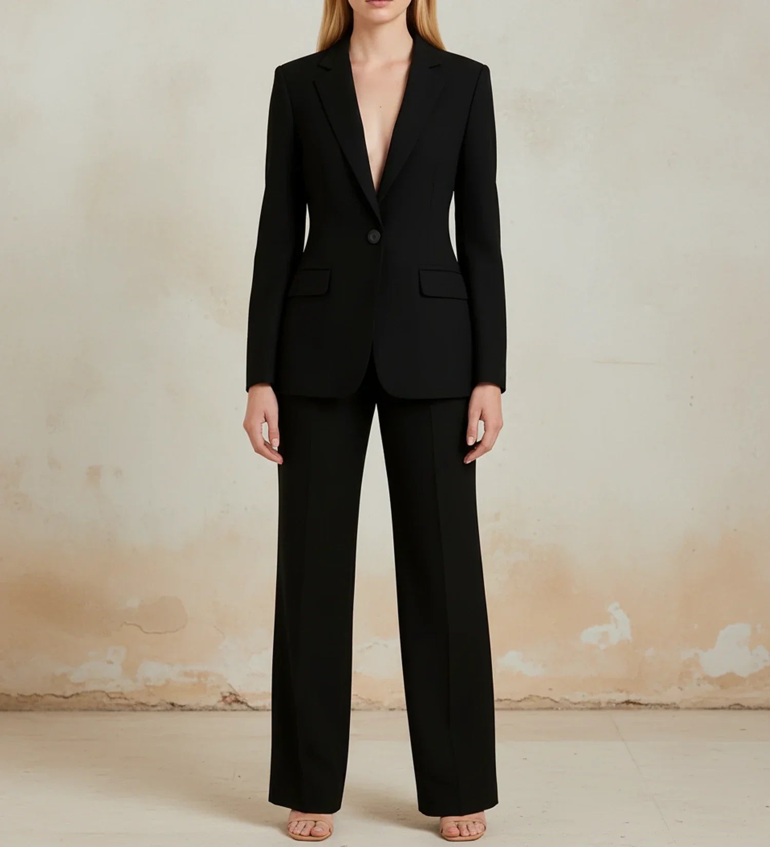 Women's black tailored long blazer wide-leg pants suit two-piece set for office wear