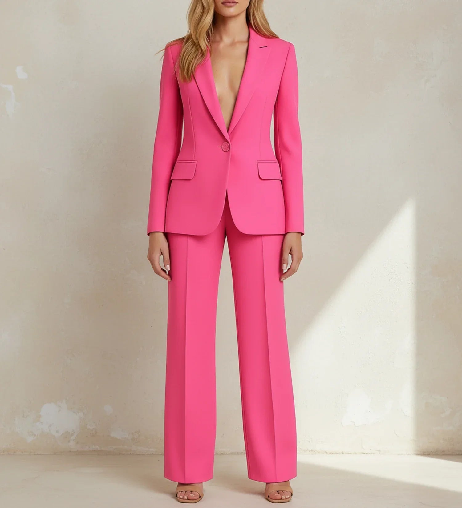 Women's black tailored long blazer wide-leg pants suit set, chic two-piece professional ensemble