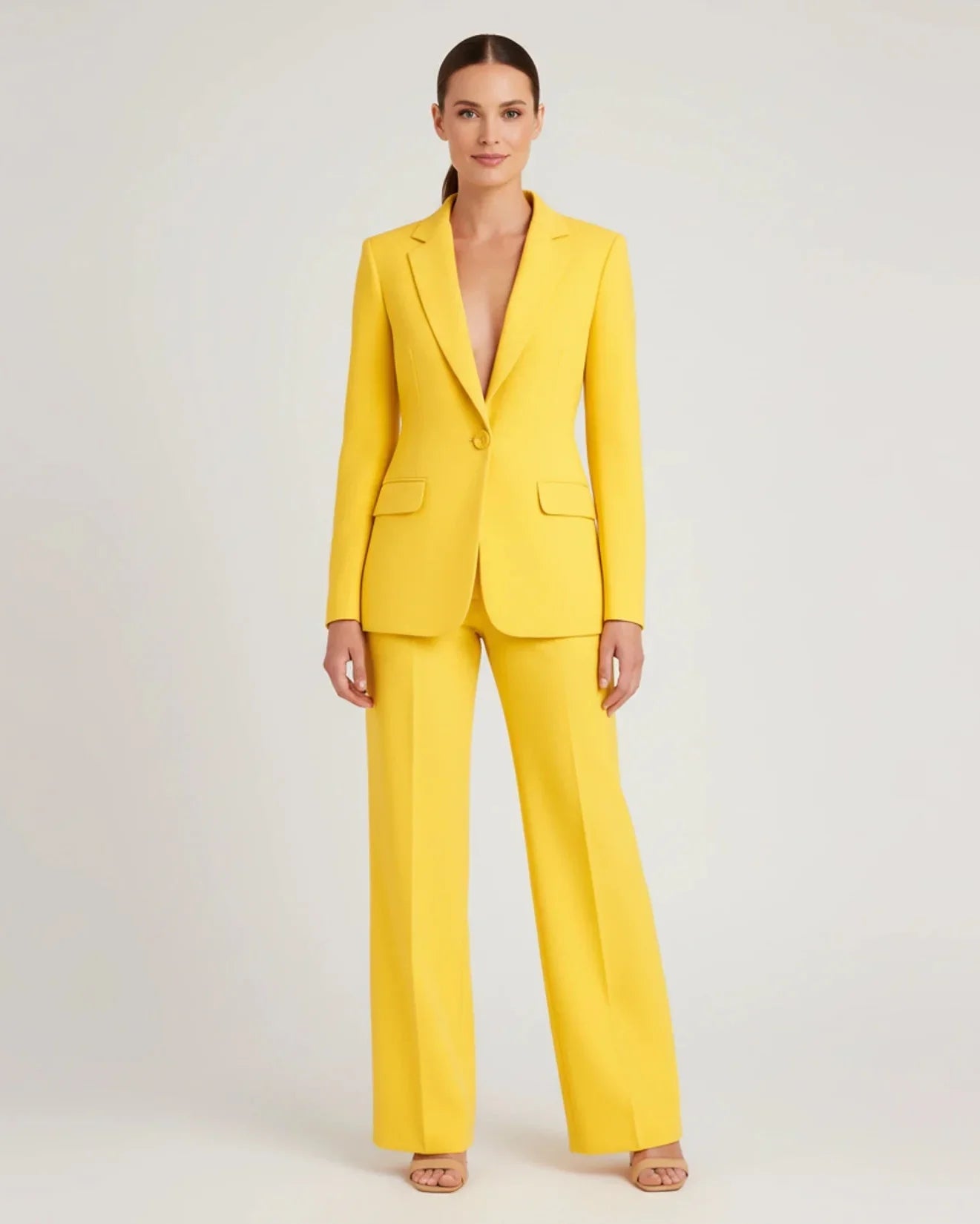Women's chic tailored blazer wide-leg pants suit, polished two-piece coordinated set for modern professionals