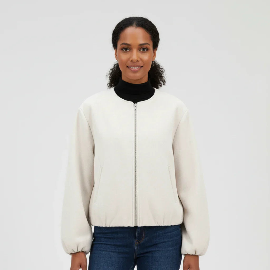 Women's cropped bomber jacket balloon sleeves zip-up collarless silhouette versatile casual layer