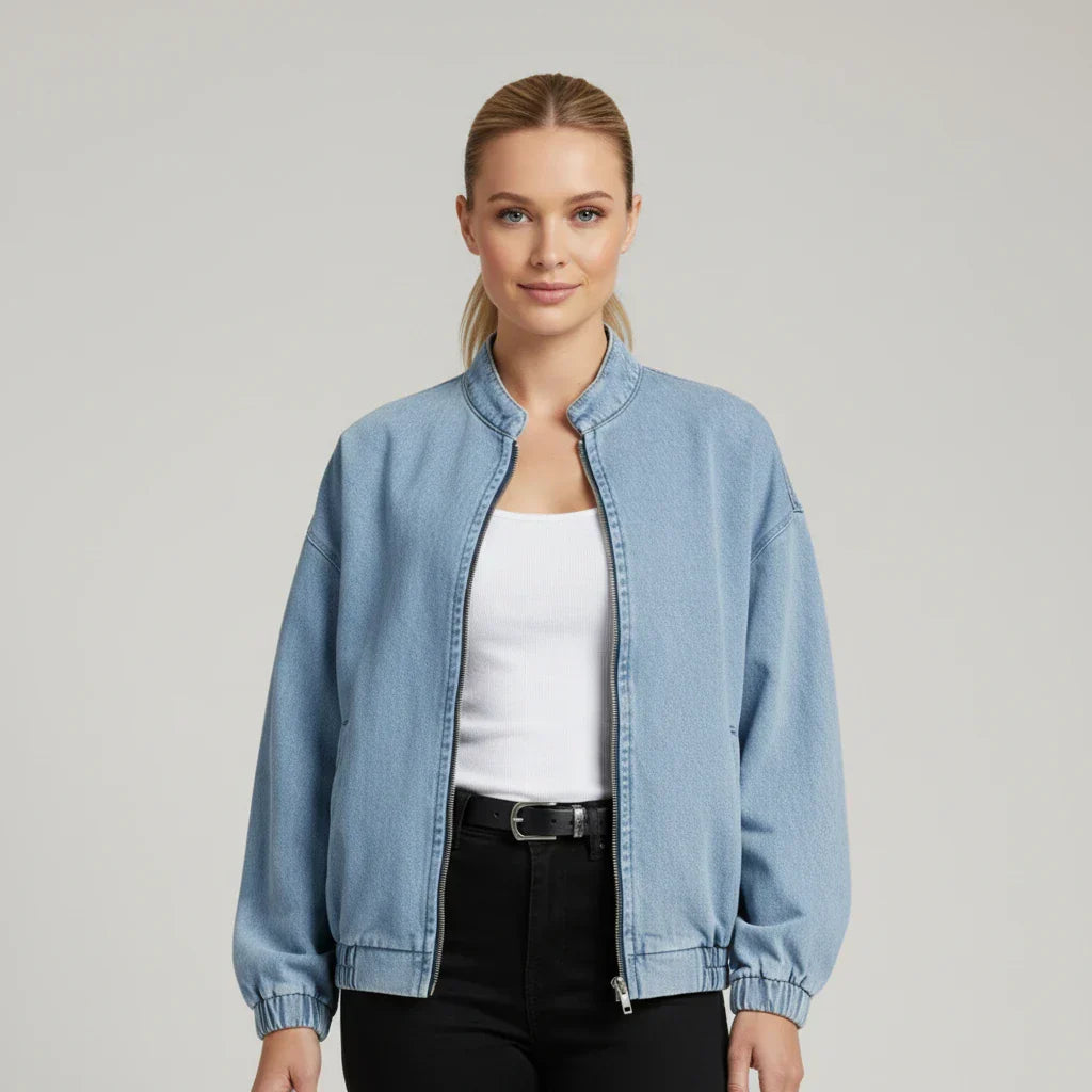 Women's Zip-Up Denim Bomber Jacket - Urbann-Vibe