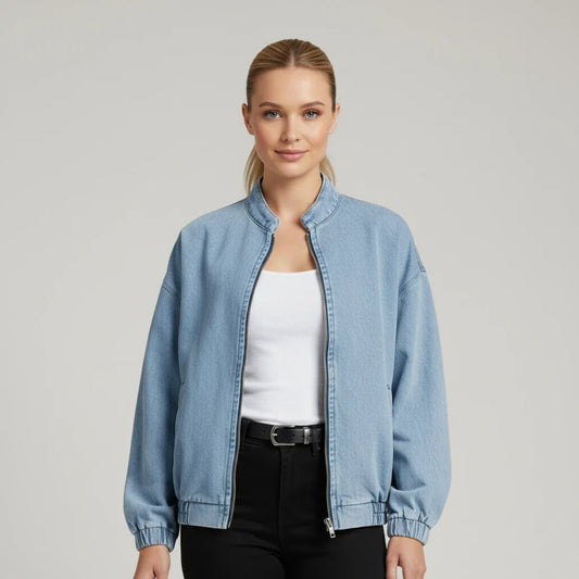 Women's Zip-Up Denim Bomber Jacket - Urbann-Vibe