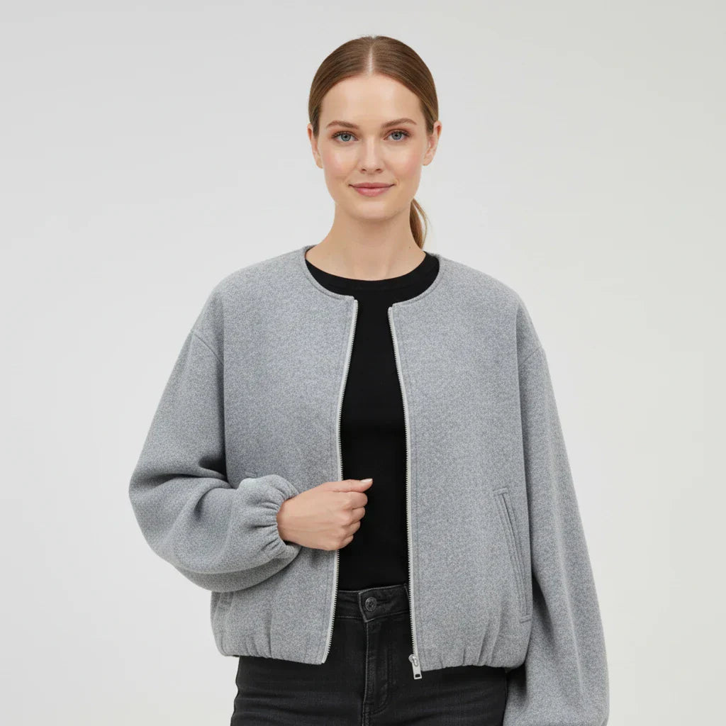 Women's cropped bomber jacket balloon sleeves zip-up collarless silhouette versatile casual layer