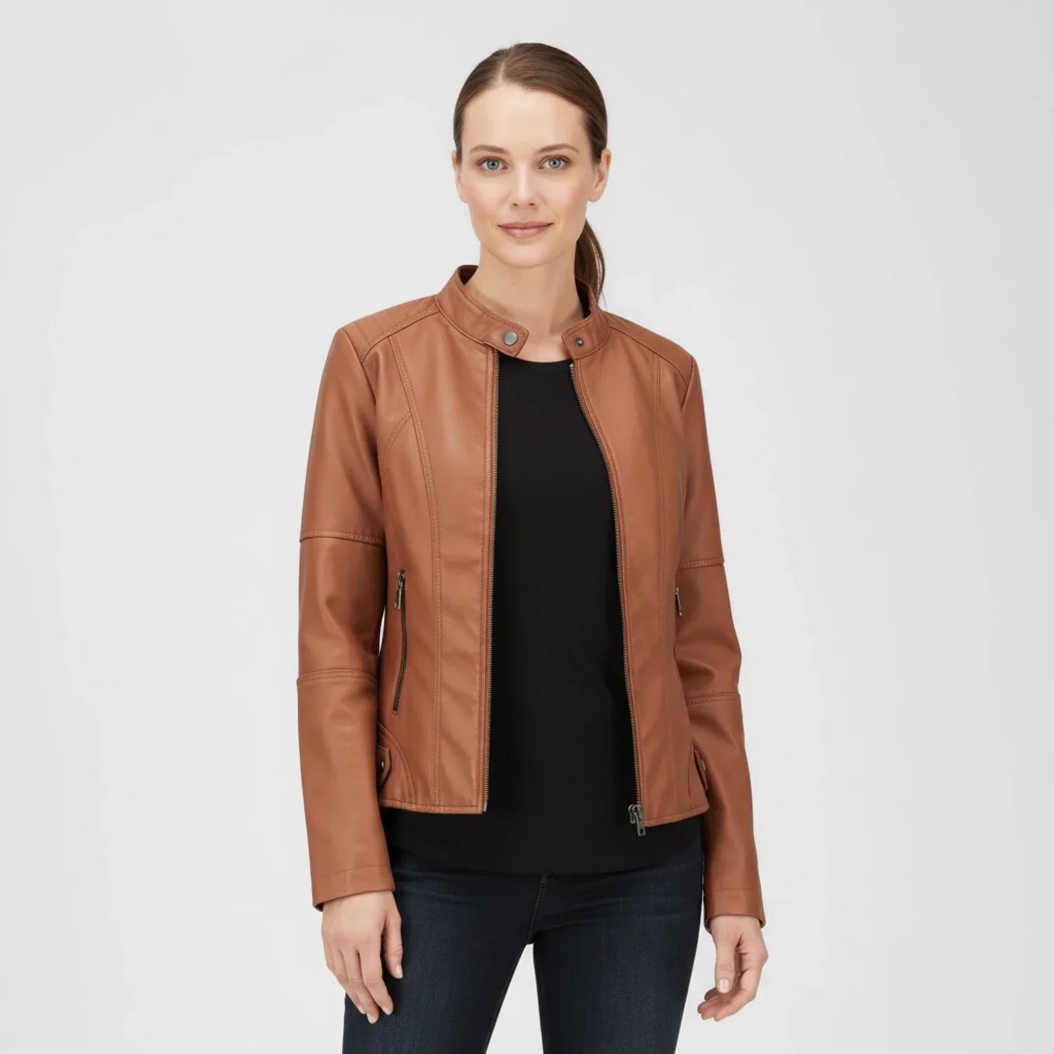 Women's black moto biker jacket with stand collar, zip pockets, and edgy street-ready silhouette