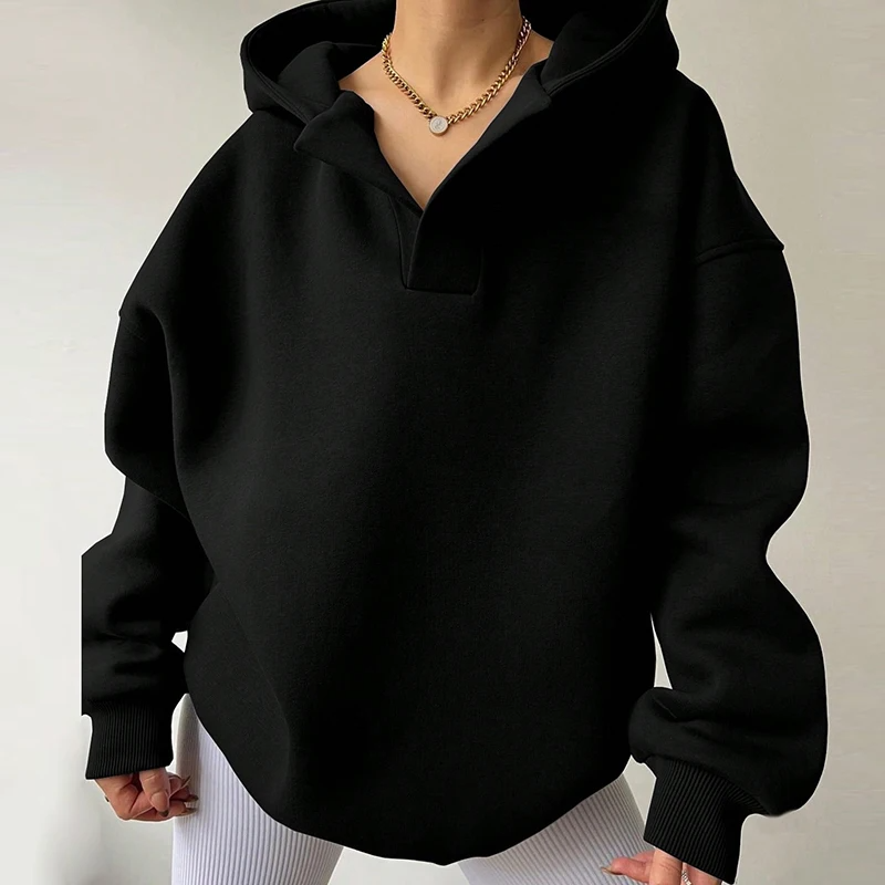 Sienna oversized hoodie in plush fabric, relaxed fit with unique V-neckline for cozy breathable warmth