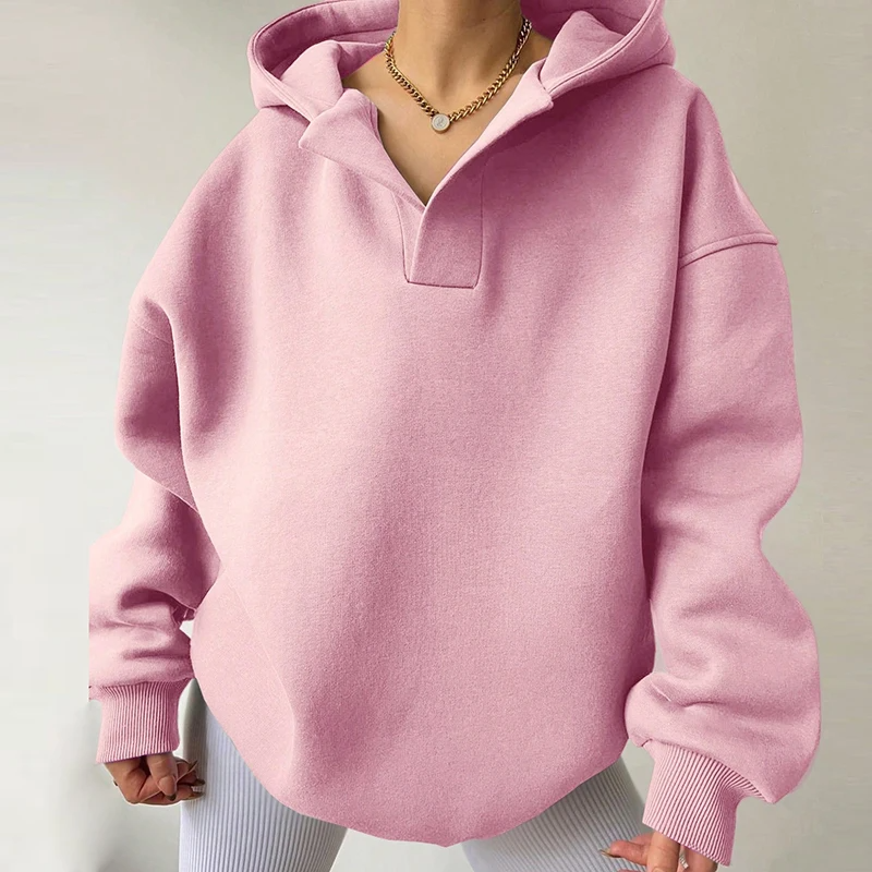 Sienna oversized hoodie in plush fabric, relaxed fit with unique V-neckline for cozy modern style