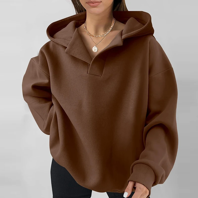 Sienna oversized hoodie in plush fabric with unique V-neckline, relaxed silhouette for cozy style