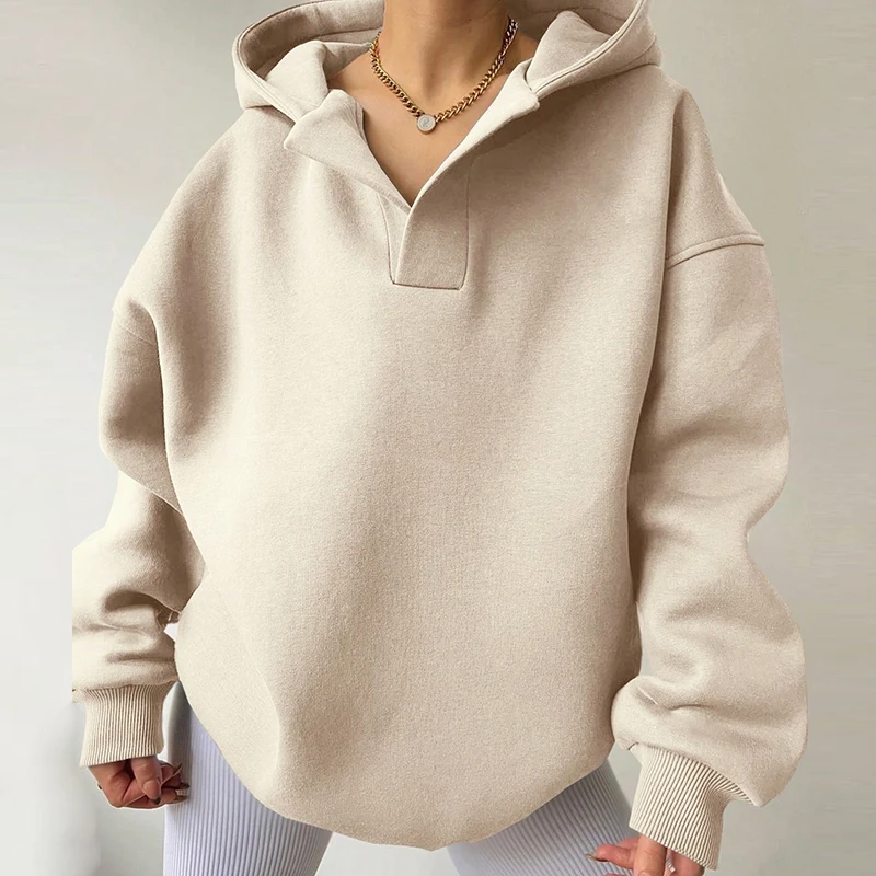 Sienna oversized hoodie in plush fabric with unique V-neckline, relaxed silhouette for cozy warmth