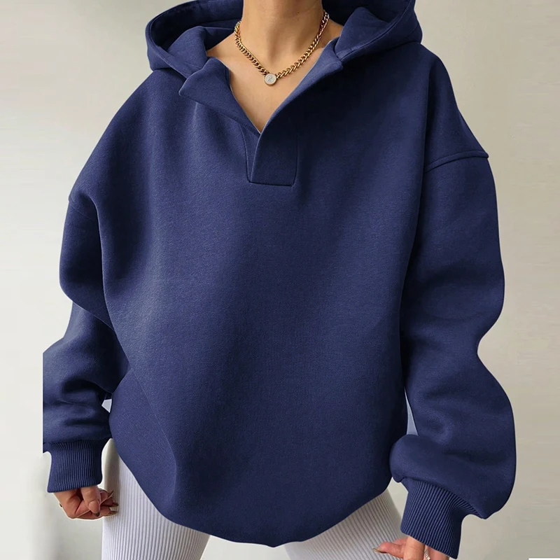 Sienna oversized hoodie in plush fabric with unique V-neckline, relaxed silhouette for cozy warmth