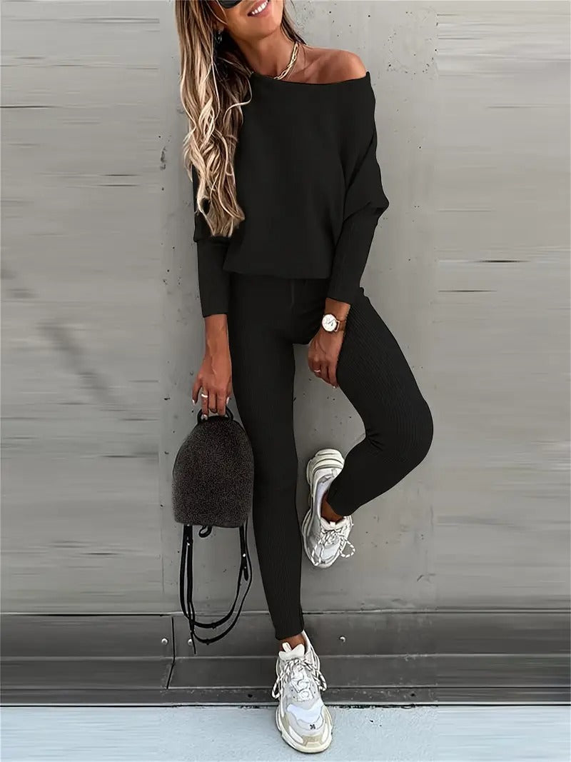 Women's ribbed knit two-piece lounge set in cozy coordinated top-and-bottom silhouette