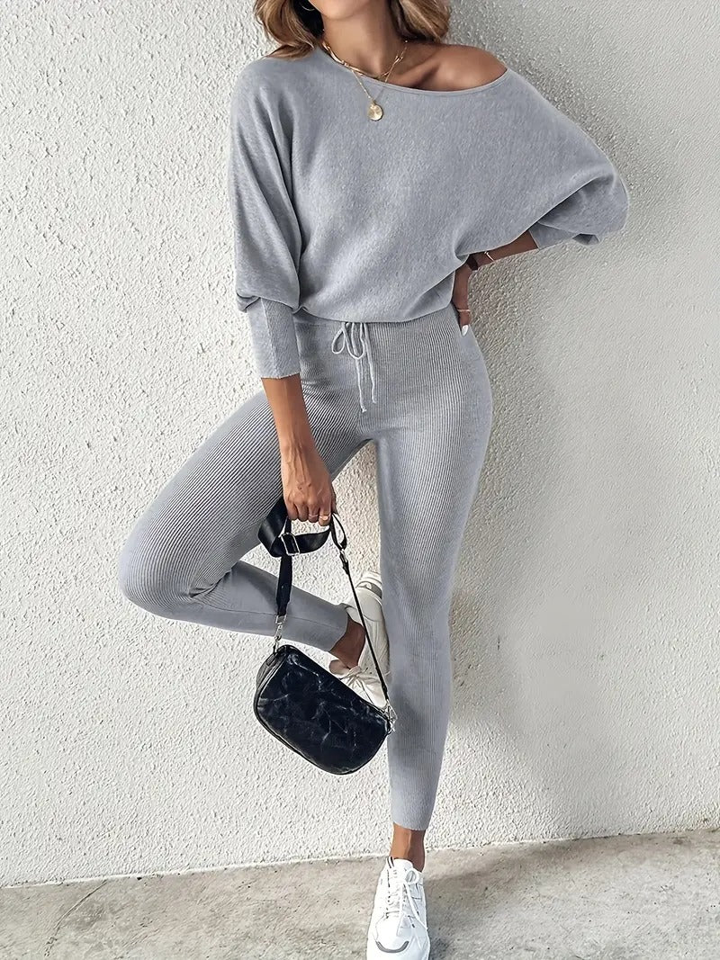 Women's ribbed knit two-piece lounge set cozy coordinated top and bottom in neutral tones