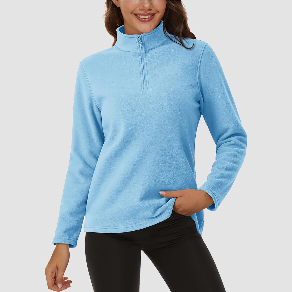 Women's fleece quarter-zip pullover, soft stretch anti-pill fabric, adjustable stand lapel collar