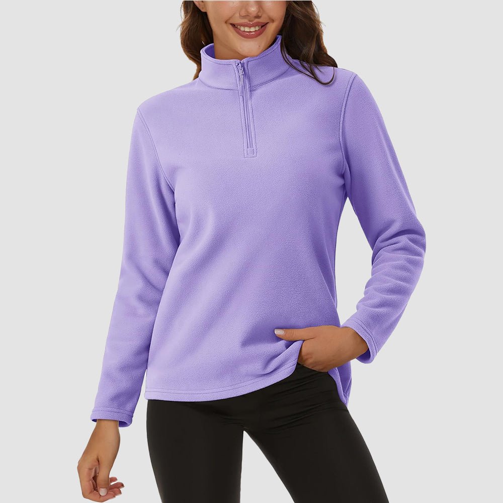 Women's fleece quarter-zip pullover in solid color, stretchy anti-pill fabric with adjustable stand lapel collar