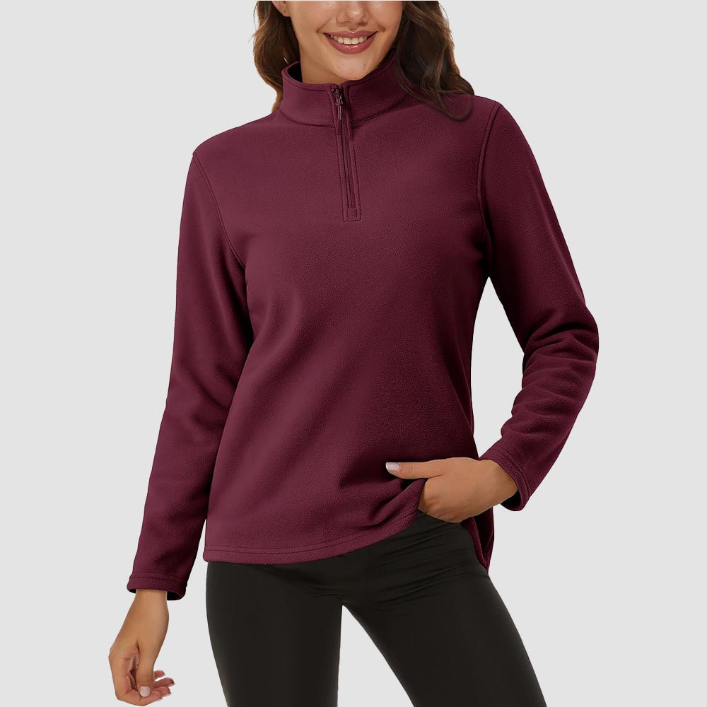 Women's fleece quarter-zip pullover, warm stretchy polyester with adjustable stand lapel collar