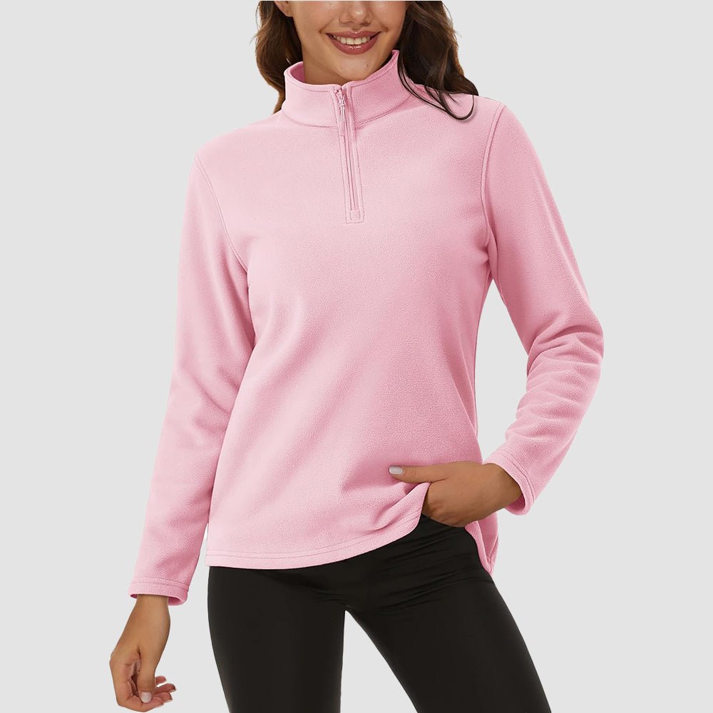 Women's fleece quarter-zip pullover, warm stretchy polyester with adjustable stand or lapel collar