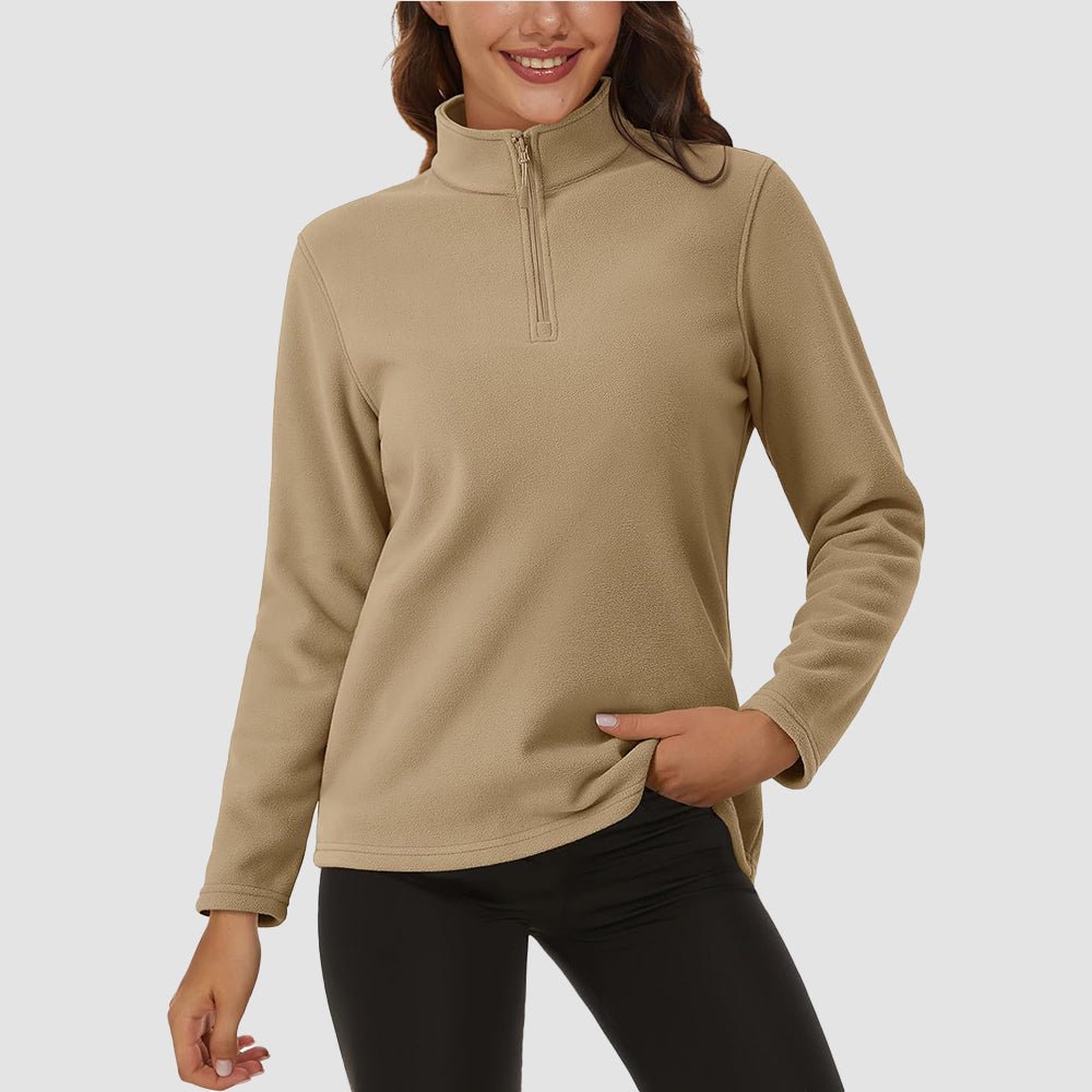 Women's fleece quarter-zip pullover adjustable stand lapel collar stretchy warm layering essential