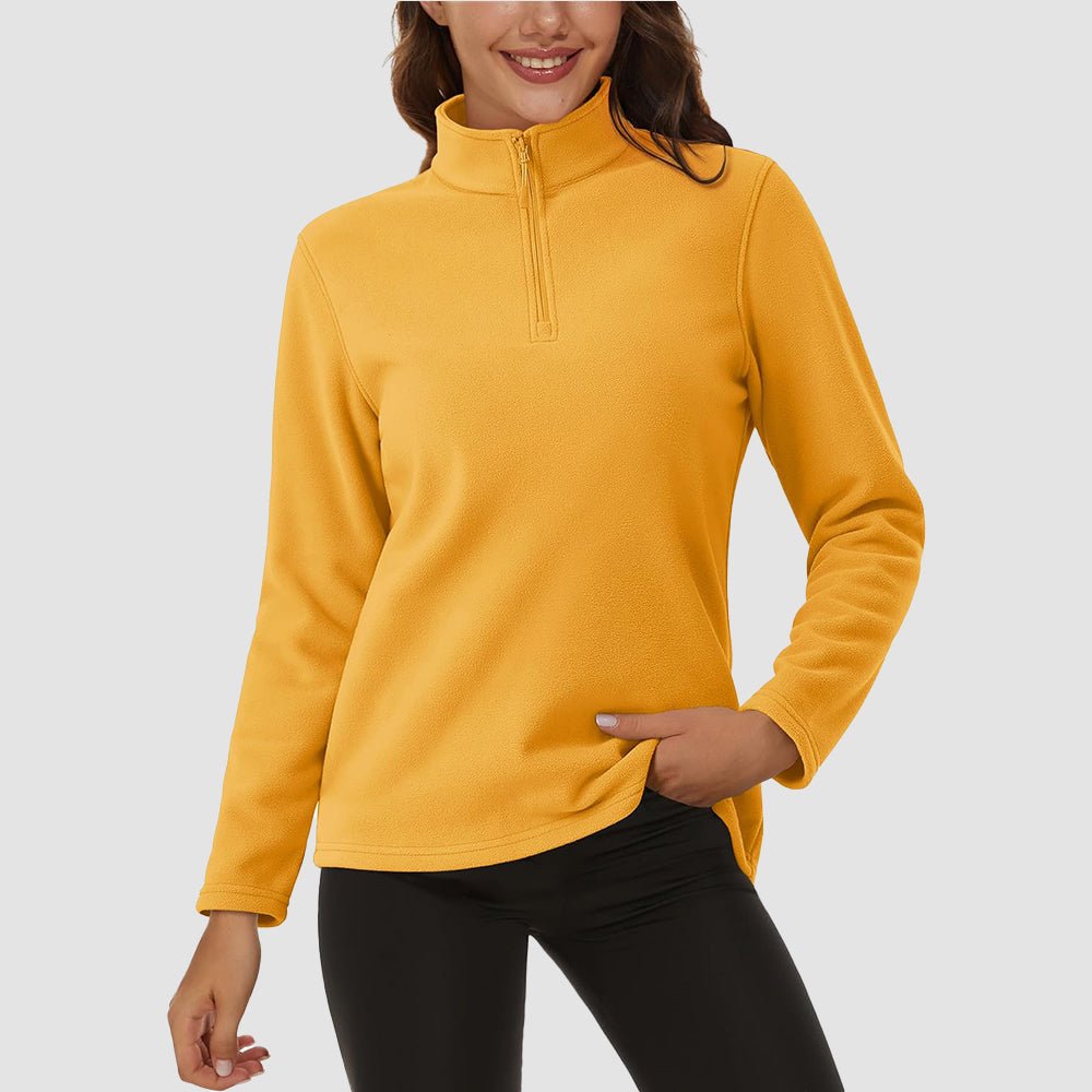 Women's fleece quarter-zip pullover, warm stretchy polyester with adjustable stand or lapel collar