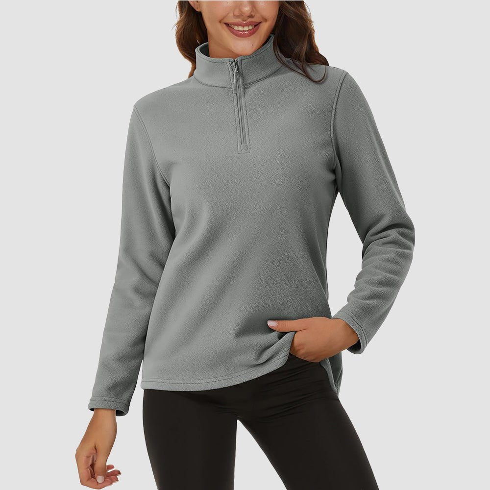 Women's fleece quarter-zip pullover, warm stretchy fit, adjustable stand or lapel collar