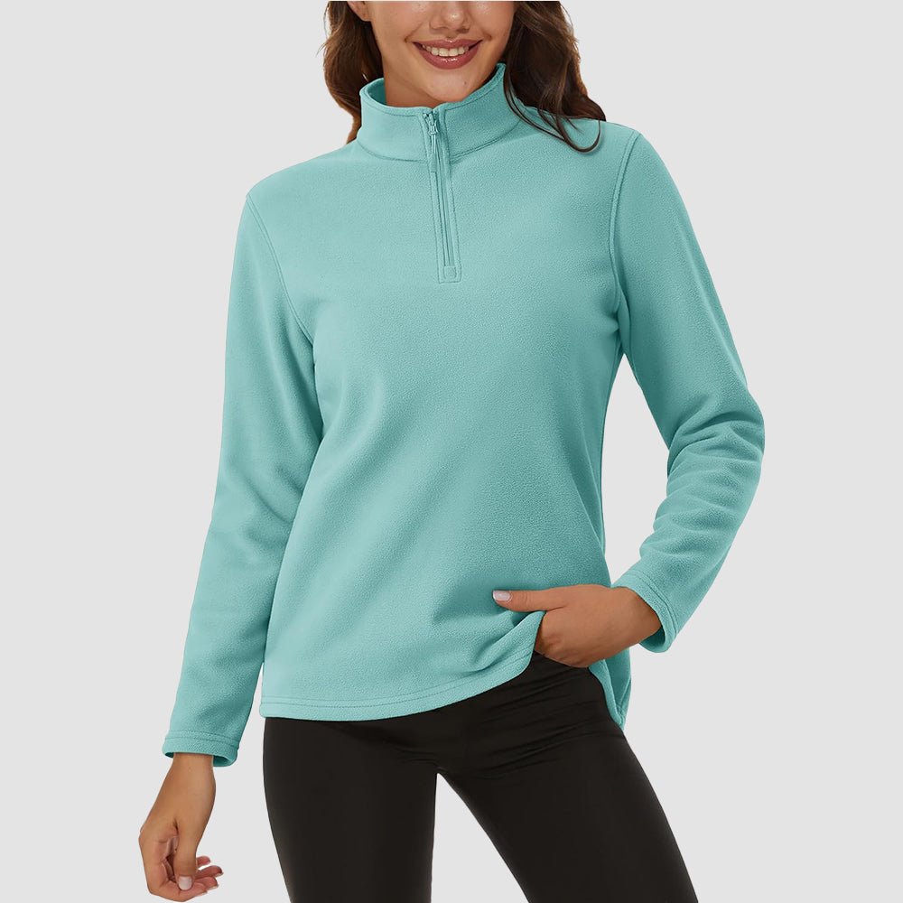 Women's fleece quarter-zip pullover, warm stretchy polyester with adjustable stand or lapel collar