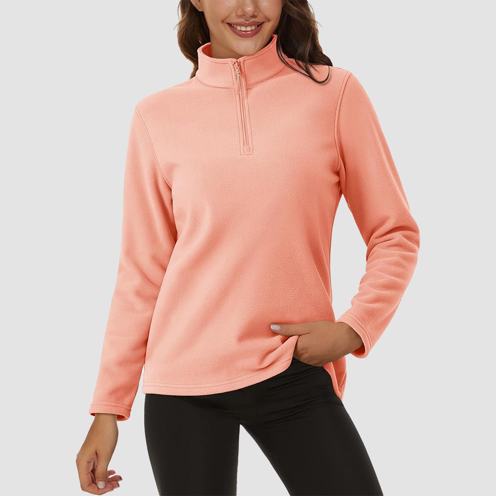 Women's fleece quarter-zip pullover, adjustable stand lapel collar, stretchy warm polyester layering top